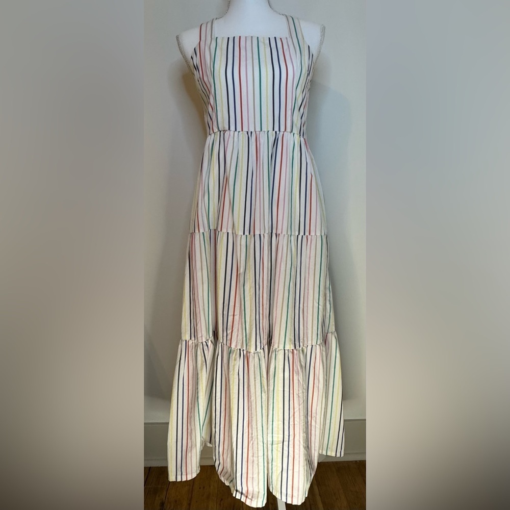 J.Crew Tiered Multicolored Striped Ruffle Poplin Cotton Maxi/Midi Dress Size 8